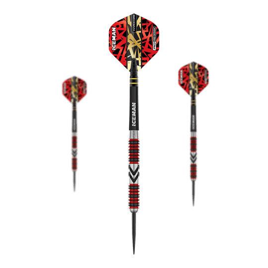 Stalowe strzałki Red Dragon Gerwyn Price Firebird Das Bild zeigt drei Steeldarts mit auffälligen roten und schwarzen Flights. Die Schäfte sind silbern mit roten und schwarzen Rillen sowie der Aufschrift "ICEMAN".