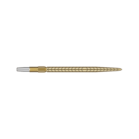 Groty do lotek Target Swiss Point RVE – złote Das Bild zeigt eine goldfarbene Dartspitze mit einem feinen, eingravierten Muster. Die Spitze ist lang und hat ein elegantes, schlankes Design.