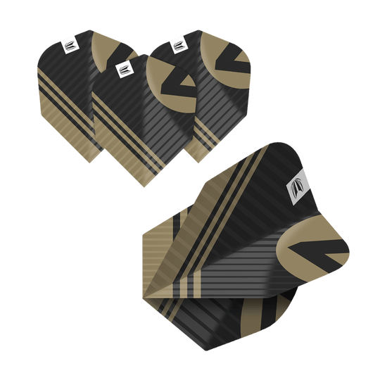 337205_Target_ProUltra_5Sets_Multipack_Chicane_No6_Flights_6Yvb1hKSPJGoUs Das Bild zeigt fünf Sätze Target Pro Ultra Chicane No6 Flights. Die Flights sind schwarz und gold mit einem modernen, gestreiften Design.