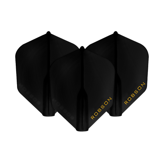 Loty Robson Plus - NO6 Das Bild zeigt drei schwarze Dart-Flights mit der Aufschrift "ROBSON" in gelber Schrift. Sie sind nebeneinander angeordnet und heben sich vor einem weißen Hintergrund ab.
