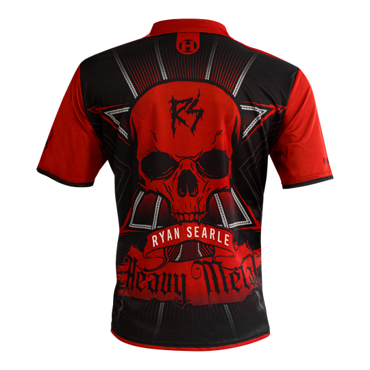 Koszulka Harrow's Ryan Searle Heavy Metal Darts Das Bild zeigt das Harrows Ryan Searle Heavy Metal Dartshirt. Auf der Rückseite des Shirts sind ein großer roter Totenkopf, der Name "Ryan Searle" und der Schriftzug "Heavy Metal" abgebildet.