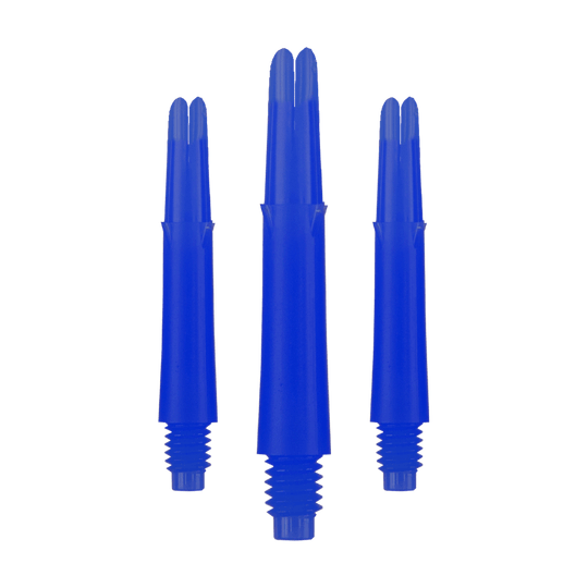 Auf dem Bild sind drei blaue Dartschäfte in unterschiedlicher Höhe zu sehen. Sie haben ein gerades Design und ein Gewinde am unteren Ende.