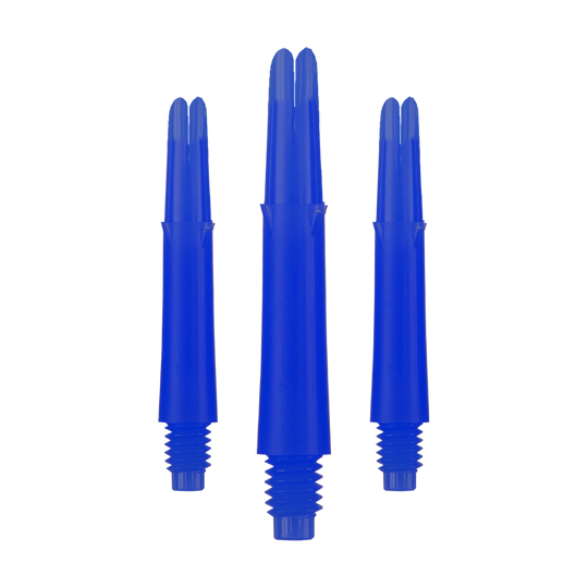 Wałki L-Style z blokadą prostą - niebieskie Auf dem Bild sind drei blaue Dartschäfte in unterschiedlicher Höhe zu sehen. Sie haben ein gerades Design und ein Gewinde am unteren Ende.