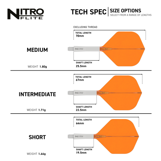 Dieses Bild präsentiert den Red Dragon Nitroflite White Shaft Orange Flights No2. Der Dart-Schaft hat eine weiße Farbe, die Flights sind orange.