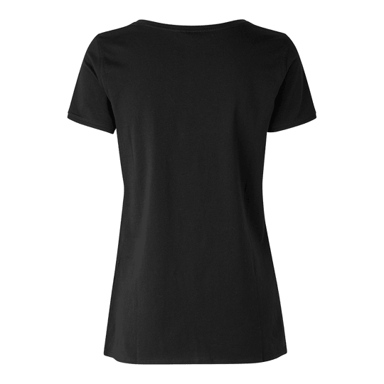 T-shirt damski Barrels and Shafts – czarny Das Bild zeigt ein schwarzes Damen-T-Shirt von hinten. Das T-Shirt hat einen einfachen, klassischen Schnitt ohne sichtbare Aufdrucke oder Muster.