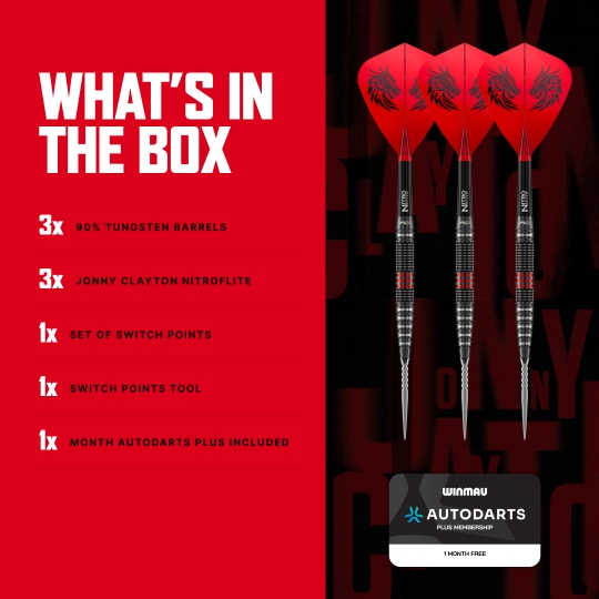 Rzutki stalowe Red Dragon Jonny Clayton RD-PRO Switch Point Die Aufnahme zeigt Red Dragon Jonny Clayton RD-PRO Switch Point Steeldarts aus einer anderen Perspektive. Die feine Struktur und Form der Darts ist erkennbar.