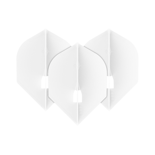 L-L-Style5PRO Rocket Flights Das Bild zeigt drei weiße L-Style L5PRO Rocket Flights für Dartpfeile. Sie sind in einer überlappenden Formation angeordnet und haben eine moderne, kantige Form.