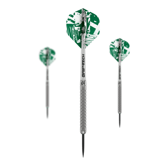 Lotki GOAT Fairway V1 ze stali wolframowej Hier wird das Set GOAT Fairway V1 Tungsten Steeldarts gezeigt. Die Komponenten liegen geordnet beieinander.