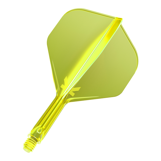 System lotu Target K-Flex No2 Standard – neonowożółty Das Bild zeigt eine neon-gelbe Dart-Flügel-Kombination mit einem integrierten Schaft. Die Oberfläche ist glänzend und das Material wirkt durchsichtig.