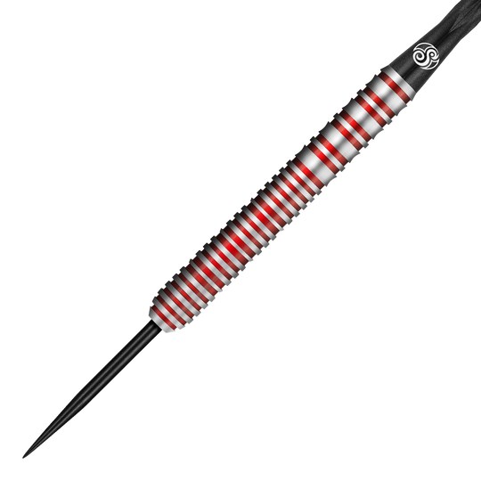 Das Bild zeigt einen Shot Michael Smith Bully Boy Game Day Steeldart. Der Dartpfeil hat ein silbernes Design mit roten Rillen und einer schwarzen Spitze.