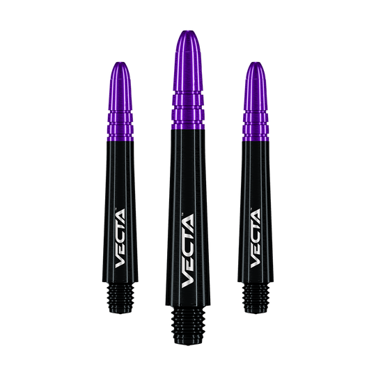 Winmau Vecta Shafts - Schwarz Lila Das Bild zeigt drei Dartschäfte mit schwarzem Schaft und violettem Kopf. Auf den Schäften steht das Wort "VECTA" in weißer Schrift.