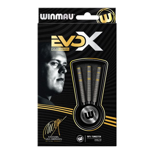 Stalowe rzutki Winmau Michael Van Gerwen Evo-X Die Verpackung zeigt die "Winmau Michael Van Gerwen Evo-X Steeldarts" mit stilvollem Design und prominenter Abbildung von Michael Van Gerwen. In der Packung sind drei Steeldarts mit 90% Tungsten-Anteil sichtbar.