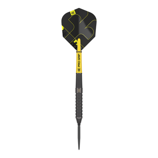 Stalowe lotki Target Bolide Void 02 Swiss Point Das Bild zeigt einen Target Bolide Void 02 Swiss Point Steeldart. Der Dartpfeil ist schwarz mit gelben Akzenten und hat eine strukturierte Griffoberfläche.