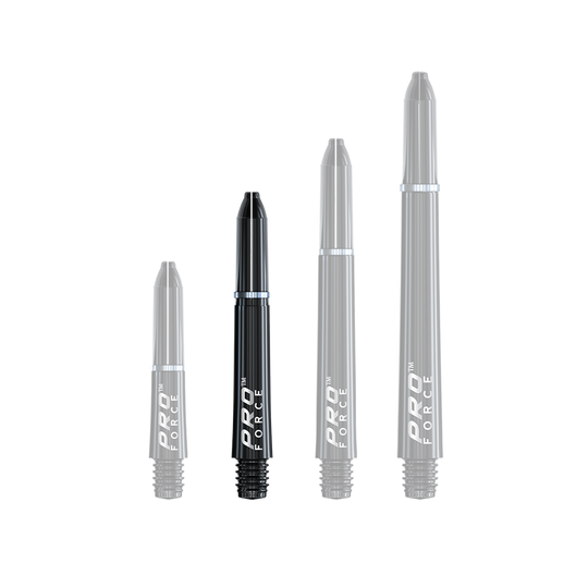 Auf dem Bild sind vier schwarze Winmau Pro-Force Shafts in unterschiedlichen Längen zu sehen. Sie sind zur Verwendung für Dartpfeile gedacht und haben ein modernes, glänzendes Design.