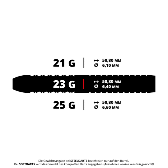 Misja Matt Edgar Steeldarts Das Bild zeigt drei verschiedene Dart-Barrels mit den Gewichten 21 g, 23 g und 25 g sowie ihren jeweiligen Maßen. Das 23 g Barrel hat eine Länge von 50,80 mm und einen Durchmesser von 6,40 mm.