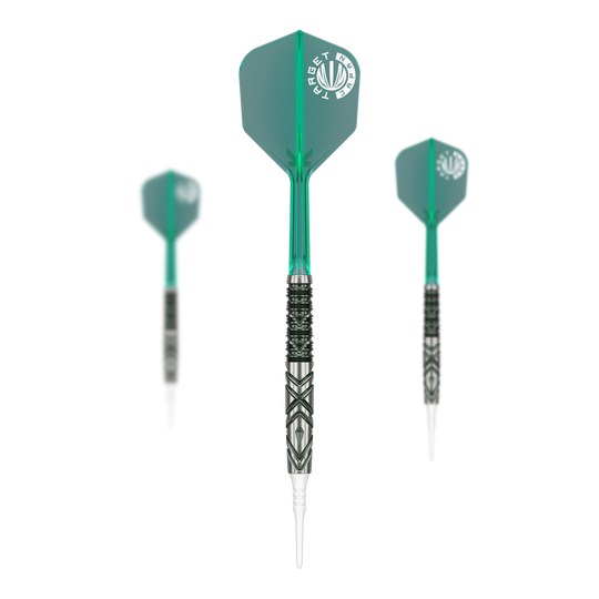Das Bild zeigt drei Softdarts mit grünen Flights und verziertem silber-schwarzen Barrel. Es handelt sich um das Produkt "Target Japan Mikuru Suzuki The Miracle GEN6 Softdarts - 21,5g".