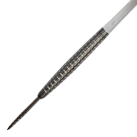 Das Bild zeigt einen Dynasty Fallon Sherrock 4 AFlow Plain Steeldart mit 23g Gewicht. Der Dart hat eine metallische Oberfläche mit Rillen für besseren Halt.