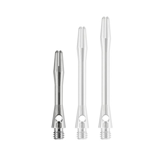 HR369_Harrows_Keramic_Shafts_Gun_Metal_35mm_18YXNdbJfQFgSB Das Bild zeigt drei silberfarbene Dartschäfte in unterschiedlicher Länge. Es handelt sich um die „Harrows Keramic Shafts - Gun Metal“.