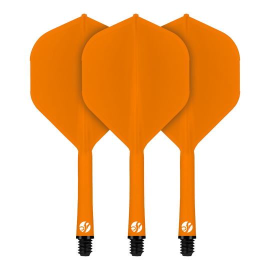 Das Bild zeigt drei orangefarbene Dart-Flights des Produkts "Shot Flight Deck No2 Standard Flight-System - Orange". Sie sind nebeneinander angeordnet und haben eine standardmäßige Flügelform.