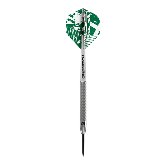 Lotki GOAT Fairway V2 ze stali wolframowej Das Bild zeigt einen GOAT Fairway V2 Tungsten Steeldart. Der Dart hat eine silberne Spitze und Schaft sowie grüne Flights mit weißem Muster.