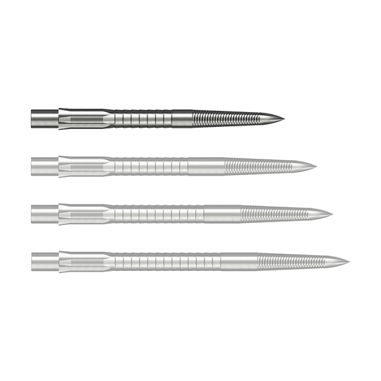 Stalowe końcówki do lotek Caliburn System - Micro Grip - srebrne Abgebildet ist eine silberne Caliburn Evo System Steeldartspitze Micro Grip mit 28 mm Länge. Die Spitze liegt deutlich sichtbar auf einem hellen Hintergrund.