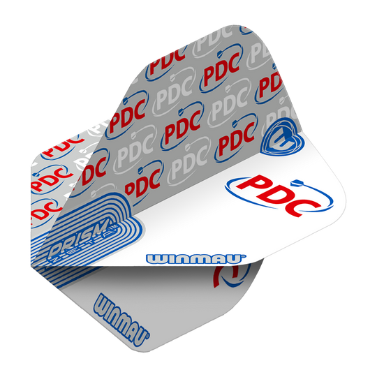 Das Bild zeigt die "Winmau Prism Zeta PDC White Standard Flights" für Dartpfeile. Die Flights sind weiß mit blauen und roten PDC-Logos sowie dem Winmau-Logo bedruckt.