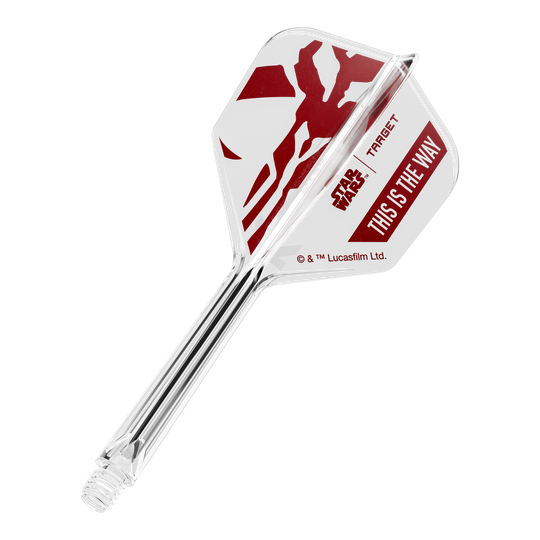 Zestaw Target Star Wars K-Flex Mandalorian No6 Flights Zu sehen ist '410625_Target_StarWars_K-Flex_ThisIsTheWay_No6_Flights_33mm_1b'. Es handelt sich wohl um Dart-Flights mit dem Schriftzug 'This Is The Way'.