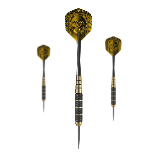 Lotki mosiężne i stalowe Harrows Voodoo Das Bild zeigt drei Harrows Voodoo Brass Steeldarts mit auffälligen schwarzen und goldenen Details. Auf den Flights ist ein Totenkopf-Muster abgebildet.
