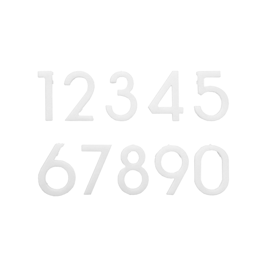 Ring-Weiss_McDart_Dartboard_Ersatz-Zahlenring_Ersatznummern_Weiss_4 Das Bild zeigt weiße Ersatz-Zahlen für ein Dartboard, von 0 bis 9. Es handelt sich um den "McDart Dartboard Ersatz-Zahlenring / Nummernring".