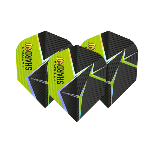 Harrows Prime Shard No6 Flights Das Bild zeigt drei Harrows Prime Shard No6 Flights für Darts. Die Flights haben ein schwarz-gelbes Design mit futuristischen Linien und dem Aufdruck "SHARD 90".