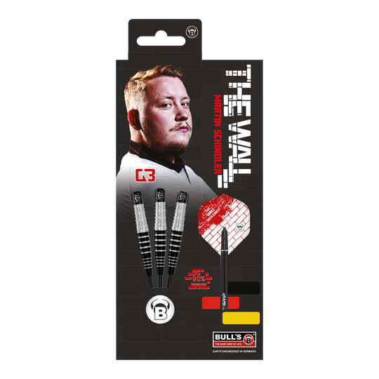 Rzutki stalowe Bulls Martin Schindler Original Generation 3 Auf dem Bild ist die Verpackung der "Bulls Martin Schindler Original Generation 3 Steeldarts" zu sehen. Auf der Verpackung sind ein Porträt von Martin Schindler und drei Steeldarts abgebildet.