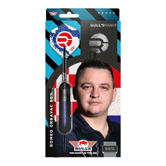 Bulls NL Romeo Grbavac miękkie lotki - 19g Die Verpackung zeigt die Softdarts "Bulls NL Romeo Grbavac" mit einem Gewicht von 19g. Auf der Vorderseite ist auch das Bild eines Mannes und das Logo von Bulls abgebildet.