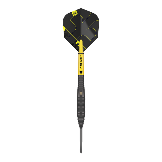 Stalowe lotki Target Bolide Void 05 Swiss Point Das Bild zeigt einen Target Bolide Void 05 Swiss Point Steeldart. Der Dartpfeil ist überwiegend schwarz mit gelben Akzenten und hat eine strukturierte Griffzone.