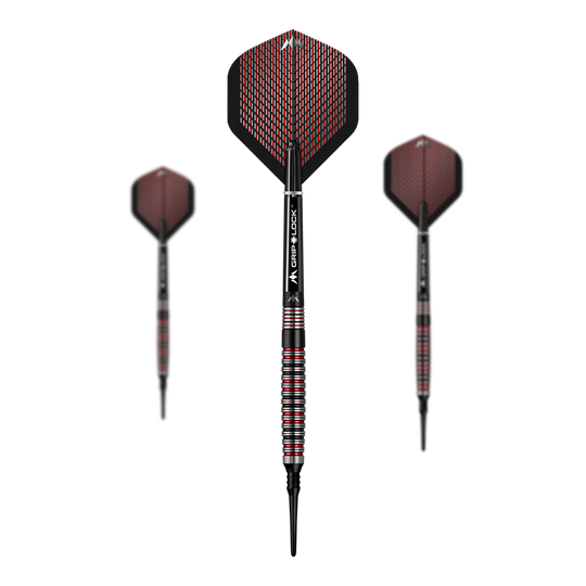 Das Bild zeigt drei Softdarts des Modells Mission Red Dawn Model 3 mit einem Gewicht von 20g. Die Darts haben schwarze und rote Flights sowie silberne und rote Griffe.