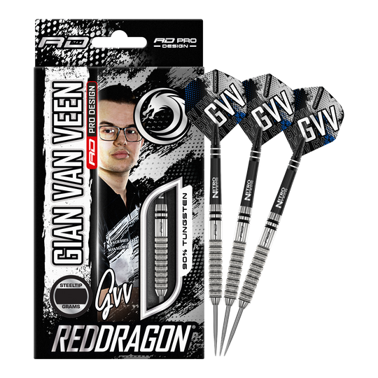 Steeldarts Red Dragon Gian Van Veen Tour Edition - 22g Das Bild zeigt die Verpackung und drei Steeldarts des Produkts „Red Dragon Gian Van Veen Tour Edition“ mit 22 Gramm Gewicht. Auf der Verpackung ist ein Porträt von Gian Van Veen sowie der Schriftzug „REDDRAGON“ zu sehen.