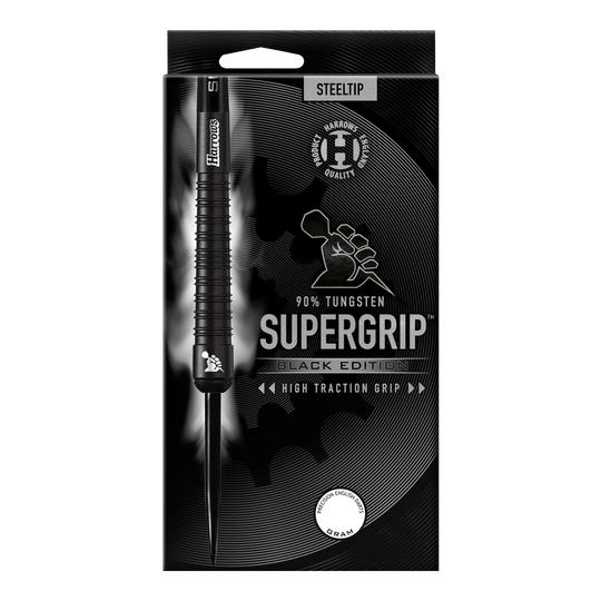 Stalowe lotki Harrows Supergrip Black Edition Das Bild zeigt die Verpackung der "Harrows Supergrip Black-Edition Steeldarts". Die Verpackung ist schwarz gehalten und hebt die hohe Griffigkeit sowie einen 90%igen Tungsten-Anteil hervor.
