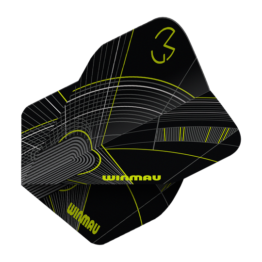 Winmau Prism Delta MvG Black Green No2 Standard Flights Das Bild zeigt die Winmau Prism Delta MvG Black Green No2 Standard Flights. Das Set hat auffällige schwarze und farbige Elemente.
