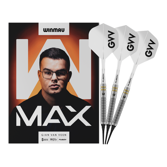 Miękkie rzutki Winmau Gian Van Veen W-MAX - 18g Winmau Gian Van Veen W-MAX Softdarts - 18g werden vollständig dargestellt. Alle Details der drei Darts sind sichtbar.