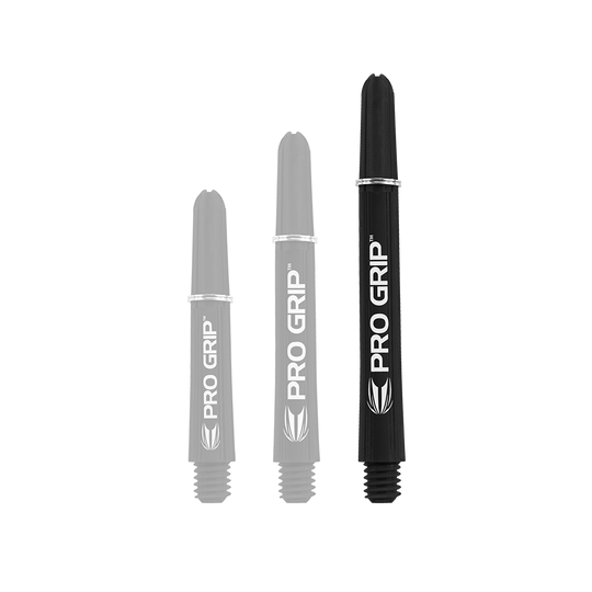 Das Bild zeigt drei schwarze Dartschäfte in unterschiedlichen Längen. Auf jedem Schaft steht in weißer Schrift „PRO GRIP“.
