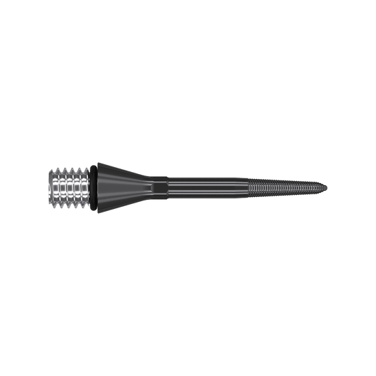 380160_Target_Titanium_Swiss_Point_Nano_Conversion_Points_Schwarz_26mm_2 Das Bild zeigt eine schwarze, metallische Dartspitze mit einem geriffelten Ende. Die Spitze ist lang, schmal und hat eine spitz zulaufende Form.