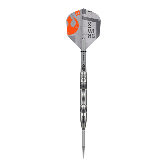 Stalowe lotki Swiss Point firmy Target Star Wars X-Wing Abgebildet sind Target Star Wars X-Wing Swiss Point Steeldarts. Die Darts sind inspiriert von der Star Wars X-Wing Serie.
