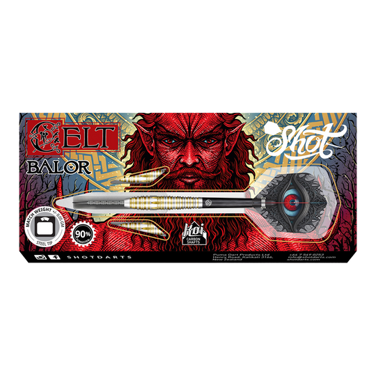 Shot Celta Balora Steeldarts Das Bild zeigt die Verpackung der "Shot Celt Balor Steeldarts". Im Hintergrund ist ein auffälliges, rotes Fantasy-Gesicht und kunstvolles Design zu sehen.