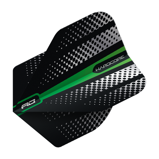 Das Bild zeigt das Produkt "Red Dragon Hardcore Radical Green Flash Standard Flights". Die Dart-Flight ist schwarz mit silbernen Punkten und einem grünen Streifen.