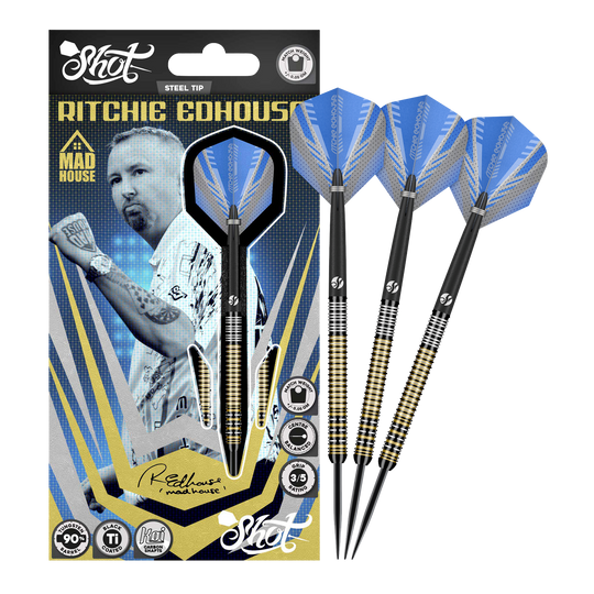Shot Ritchie Edhouse Madhouse stalowe lotki Das Bild zeigt die Shot Ritchie Edhouse Madhouse Steeldarts in voller Ansicht. Diese Darts zeichnen sich durch ihr einzigartiges Design aus.