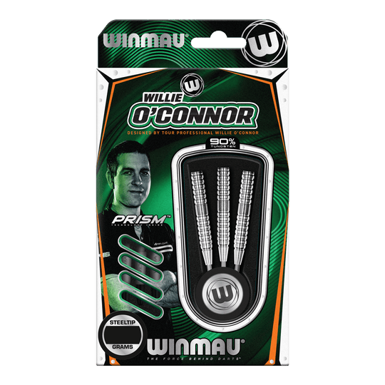 Lotki stalowe Winmau Willie O'Connor - 23g Die Verpackung zeigt die Winmau Willie O’Connor Steeldarts mit einem Gewicht von 23 Gramm. Im Inneren sind drei silberne Steeldarts zu sehen.