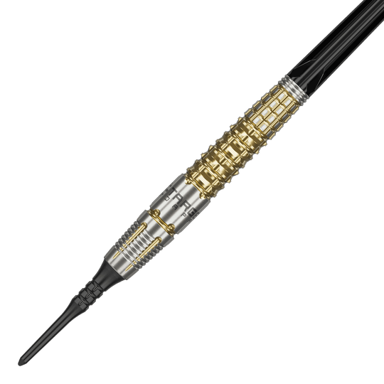 Das Bild zeigt einen Softdart namens "Target Japan Black Marque Warrior" mit einem Gewicht von 18,5g. Der Dart hat ein auffälliges Design mit goldenen und silbernen Elementen sowie einer schwarzen Spitze.