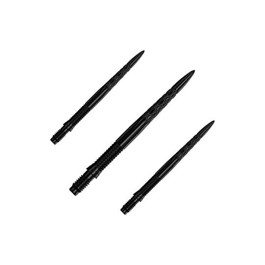 Końcówki do lotek Mission R2.5 Rapid Point DSX – czarne Das Bild zeigt ein Set von schwarzen Dartspitzen, 30 mm lang. Die Dartspitzen sind zusammen gruppiert dargestellt.