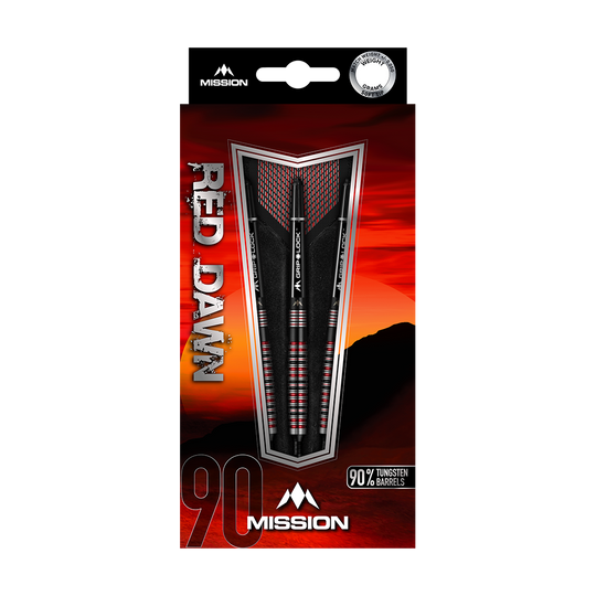Das Bild zeigt die Verpackung der Mission Red Dawn Model 3 Softdarts mit einem Gewicht von 20g. Auf der Verpackung sind drei schwarze Darts mit roten und silbernen Akzenten vor einem Sonnenaufgangshintergrund zu sehen.