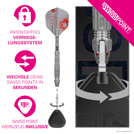 Stalowe rzutki Target Star Wars AT-AT Swiss Point Hier sind die Target Star Wars AT-AT Swiss Point Steeldarts abgebildet. Die Darts haben ein einzigartiges Design aus dem Star Wars Universum.