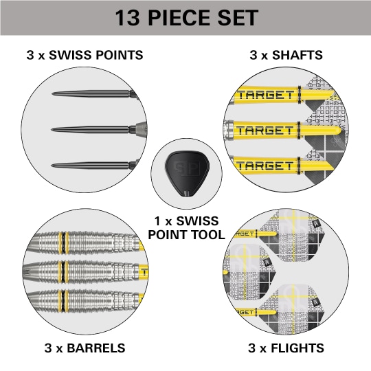 Stalowe lotki Target Scott Williams GEN2 Swiss Point Dieses Bild zeigt das 13-teilige Target Scott Williams GEN2 Swiss Point Steeldarts Set. Es enthält 3 Swiss Points, 3 Shafts, 3 Barrels, 3 Flights und 1 Swiss Point Tool.